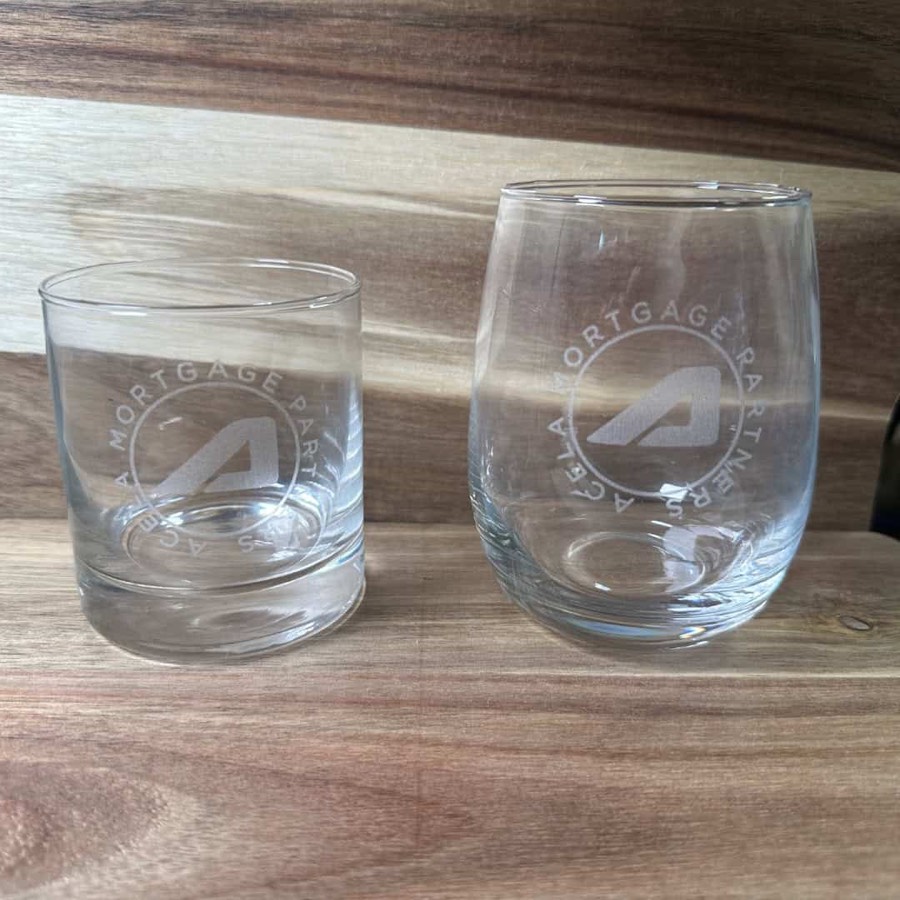 Etched rocks and stemless glasses